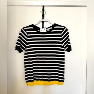 Zara Black and White Striped Short Sleeve Sweater with Yellow Hem